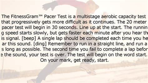 Apr 17, 2017 · 369K views 6 years ago. The FitnessGram 20-Meter Pacer Test is a test which uses audio to indicate when to start and stop running. This video contains visuals for the pacer test and the... . 