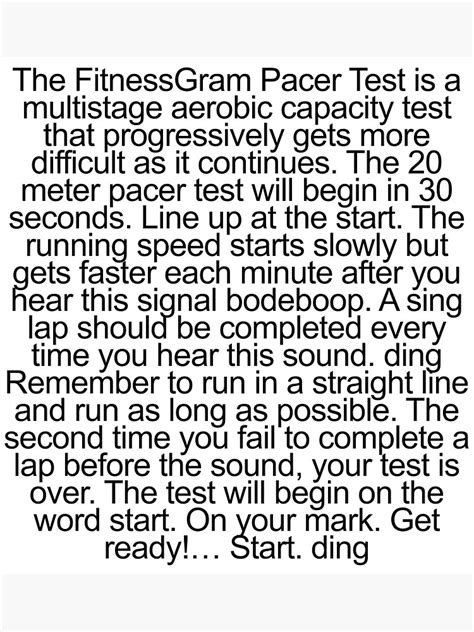 Fitnessgram pacer test copypasta. The FitnessGram™ Pacer Test is a multistage aerobic capacity test that progressively gets more difficult as it continues. The 20 meter pacer test will begin in 30 seconds. Line up at the start. The running speed starts slowly, but gets … 