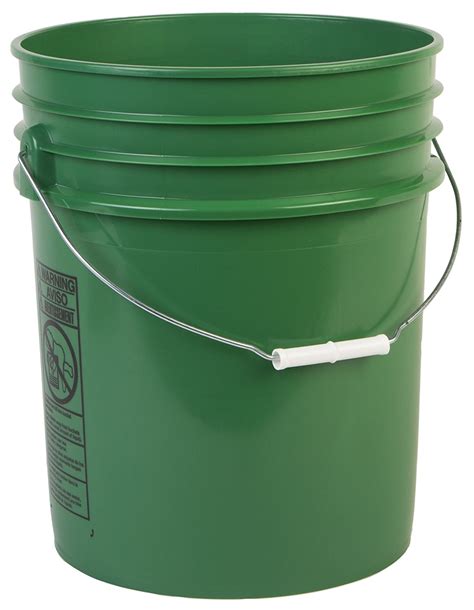 Five gallon bucket. Premium Colored 5 Gallon Buckets & Lids. These buckets are economically priced while still featuring premium quality, strong reinforcing ribs for strength and a space-saving, tapered design allowing pails to nest. With materials not exceeding a density of 8.4 lbs/gallon. Recommended maximum stacking is 3-pails high per pallet, 2 pallets high. 