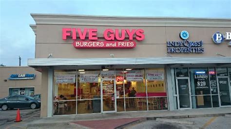 Five Guys ®. Houston. Closed - Opens at 11:00 AM. Order Now. Contact. 2902 N. Shepherd Drive. Houston, TX 77008. (713) 864-6555. Get Directions. Hours. DELIVERY HOURS. The Ultimate Crowd Pleaser. Order Now. About Five Guys Houston. Welcome to your local Five Guys at 2902 N. Shepherd Drive in Houston.