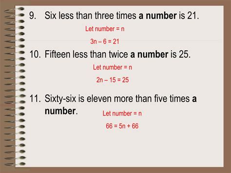 Five more than a number x is six less than twice a number y.