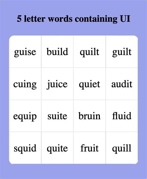 Five-letter words containing u i. Here's the full list of words! Find Words: Use * for blank tiles (max 2) Use * for blank spaces Advanced Word Finder : Synonyms. Antonyms. Definitions. Rhymes. Sentences. Translations. Find Words ... Containing the letters (in any position) 