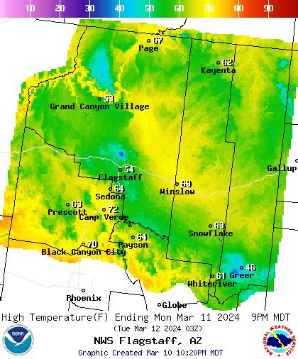 NOAA National Weather Service National Weather Service. Toggle navigation. HOME; FORECAST . Local; Graphical; Aviation; Marine; Rivers and Lakes; Hurricanes; Severe Weather; ... 10 Miles NNW Flagstaff AZ 35.33°N 111.7°W (Elev. 10069 ft) Last Update: 2:36 pm MST Oct 12, 2023. Forecast Valid: 3pm MST Oct 12, 2023-6pm MST Oct 18, 2023 .. 