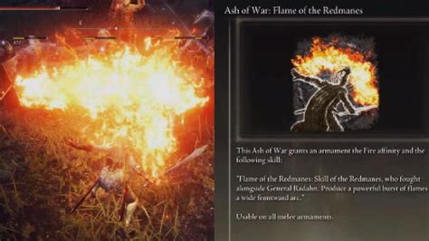 Flame of the redmanes.. 6.4K. 356K views 2 years ago #EldenRing #EldenRingBuilds. The Flame of the Redmanes Ash of War in Elden Ring is incredibly powerful. Since Hoarfrost Stomp was nerfed in Elden Ring update... 