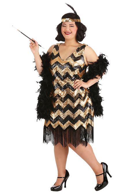 1920s Plus Size Womens Red and Gold Sequin Flapper Dress. $89.99. Exclusive to Us! Sparkly Black and Gold Plus Size Womens Great Gatsby Costume. $89.99. Fun Time Flapper Womens Plus Size Pink 20s Costume. $59.99 $42.00. Exclusive to Us! Deluxe Women’s Plus Size Black and Gold Great Gatsby Costume.