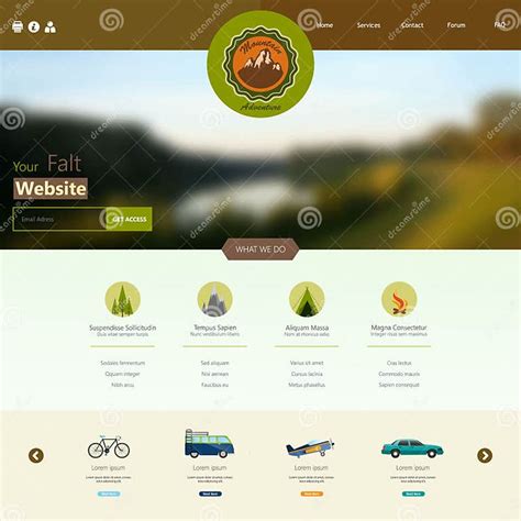 Flat Camping Website Template with Label Design and Blured Background
