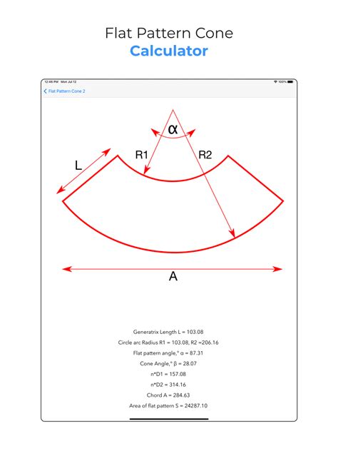 Flat cone template calculator. The formula for the total surface area of a truncated cone is: S = \pi (r_1^2 + (r_1+r_2)l + r_2^2) S = π(r12 + (r1 + r2)l + r22) where S is the total surface area, r₁ and r₂ are the radii of the top and bottom circular bases, and l is the slant height of the truncated cone. The formula for the lateral surface area of a truncated cone is: 