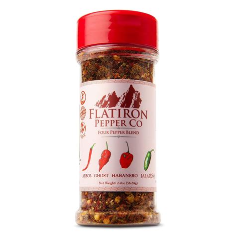 Flat iron pepper. This bundle contains 3 items (may ship separately) 1 of Flatiron Pepper Co - Four Pepper Blend. Premium Red Chile Flakes. Habanero - Jalapeno - Arbol - Ghost Pepper. You'll never go back to generic red pepper flakes! Bottle contains a blend of Habanero, Jalapeno, Arbol, and Ghost pepper. Big heat and bigger flavor. 