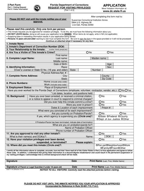 Fldoc visitation form. As of May 1st, 2024, all money orders,cashier’s checks, and certified bank drafts must be made payable to Correct Pay and sent with a deposit slip to FL DOC Inmate Deposits, PO Box 25900, Bradenton, FL, 34206-5900. All required sections of the form must be completed legibly. In addition, the sender shall provide a valid copy of their driver's ... 