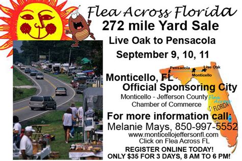 Flea across florida 2023 fall dates. Sep 10, 2021 · Flea Across Florida originally started in Live Oak nine years ago to help boost the economy for small towns along Highway 90. Today, the yard sales go from Pensacola all the way to Jacksonville ... 