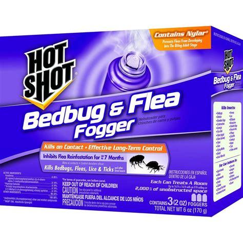 Flea bug bomb fogger. 6 ounces (2 per fogger) 3 foggers per box. 1 can treats 16 x 16 x 8 ft room. Lasts up to 7 months. For indoor use. To effectively treat an entire room and rid yourself of fleas, Hot Shot Bedbug and Flea Fogger is a great option. One pack contains three fogger cans, and just one of these cans can treat a whole room. 