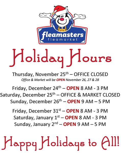 Fleamasters hours. The Shipshewana Flea Market is also open for special Extended Markets, in addition to, our regular season dates/hours. Hours vary for select weekends and holidays. See below. Memorial Day - May 27-29, 8am - 4pm. June Weekend Market - June 14-15, 8am - 4pm. Independence Day Market - July 2-4, 8am - 4pm. August Weekend Market - August 2-3, 8am - 4pm. 