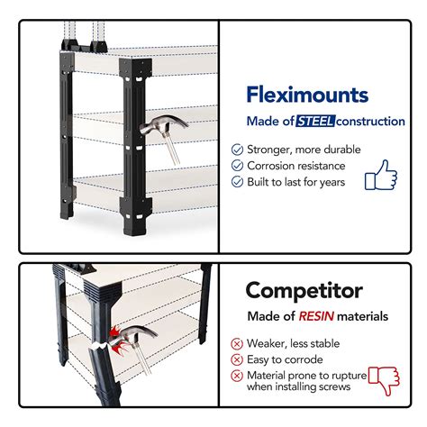 Fleximounts - Fleximounts. Adjustable Height Overhead Garage Storage 550-lb in Black Steel (48-in W x 96-in D) Model # GR48B. Find My Store. for pricing and availability. 1. Fleximounts. Adjustable Height Overhead Garage Storage 450-lb in White Steel (48-in W x 72-in D) Model # GR46-E.
