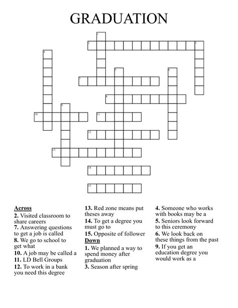 High School Graduation Crossword. What you say to all of your freinds as you leave. throw it in the air at the end of the ceremony. you recieve this upon graduating. choosing which one to go to after graduating can be difficult. Don't for get to sign all of your freinds __________! Make sure you smile in all of your _________________! The .... 