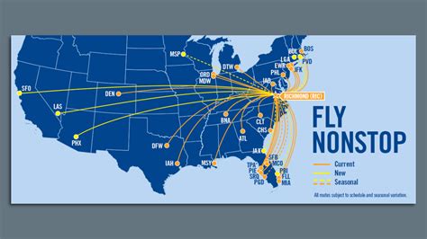  There are on average 69 passenger flights scheduled to take-off from Richmond every day to 34 non-stop destinations in the USA and 21 U.S states. Airlines flying direct from Richmond (RIC) include American Airlines, Delta, United and 6 others. The bars shows which airlines have the most departures from Richmond next week (2024-04-29 to 2024-05-05). .