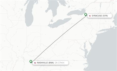  There are about 35 flights a day from Syracuse, NY Airport (SYR-Hancock Intl.) to Nashville, TN Airport (BNA-Nashville Intl.), so you have ample opportunities to get to Nashville. Just decide on a date and time that fits with your plans and secure your fare. .
