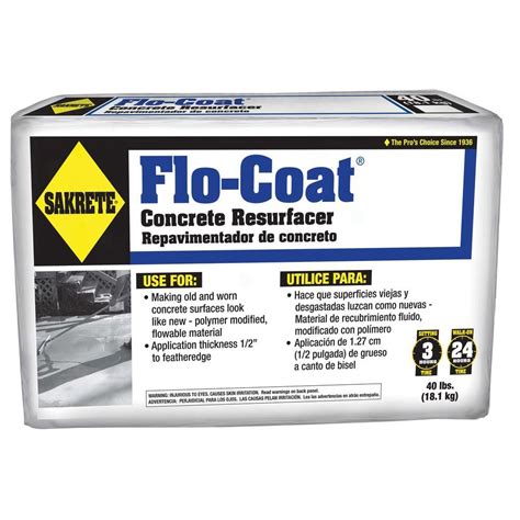 Sakrete Flo-Coat 40-lb Resurfacer. Flo-coat® Flo-Coat® Concrete Resurfacer is a polymer modified concrete resurfacing material requiring only the addition of clean potable water. For resurfacing concrete substrates. Can be applied in a flow able consistency using a squeegee, in a stiffer consistency using a trowel or can be sprayed through a .... 