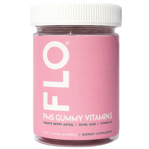 Flo vitamins. We recommend taking FLO Gummy Vitamins for two menstrual cycles to feel full results - many see results sooner. Details: OBGYN-approved formula for PMS relief. Gluten-Free, Vegan, Cruelty-Free, Non-GMO. Each bottle is a one-month supply of 60 gummies. Made With: Chasteberry - traditionally used to alleviate period breakouts & mood swings*. 