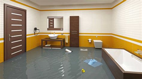 Flooded bathroom. 1. Water Heater Leak: If the water heater leaks, it can flood your bathroom. 2. Plumbing Leak: If a pipe goes bad and starts leaking or a faucet has a slow drip that you overlook immediately, this could result in a flooded bathroom. 3. Overflowing Sink: Refilling sinks regularly is necessary to avoid them overflowing. 