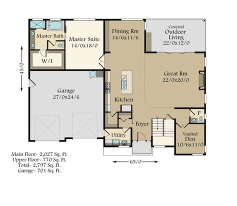 Floor master. Plan Number: MM-2797 Square Footage: 2,797 Width: 65 Depth: 45 Stories: 2 Master Floor: Main Floor Bedrooms: 4 Bathrooms: 2.5 Cars: 2.5. Main Floor Square Footage: 2,027 Upper Floors Square Footage: 45 Site Type (s): Flat lot, shallow lot Foundation Type (s): crawl space floor joist. Print PDF Purchase this plan. 