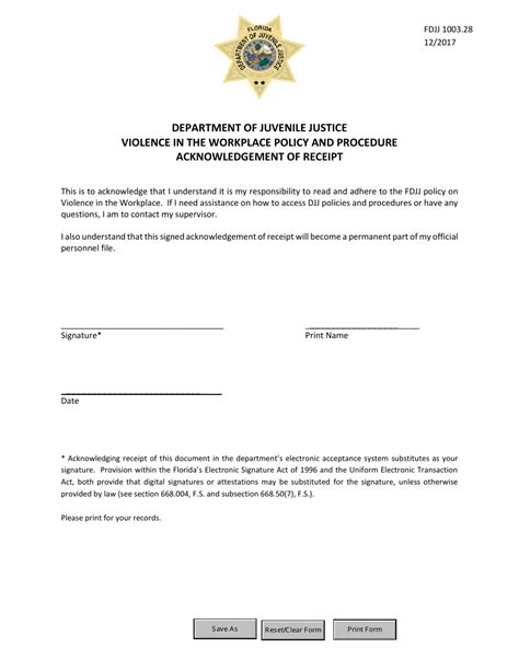Florida Acknowledgement of Receipt Violence in the Workplace Policy