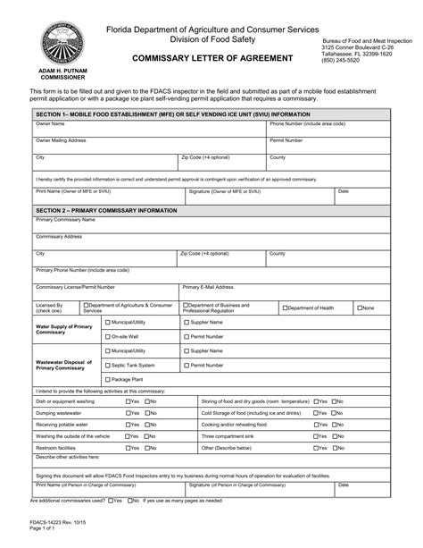 Florida Commissary Letter Of Agreement PDF Form FormsPal