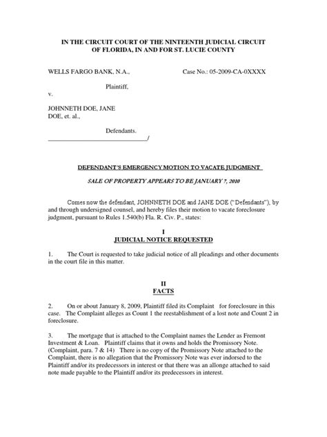 Florida Motion Set Aside Judgment Summary Judgment Foreclosure