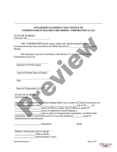 Florida Notarized Statement Regarding Notice of Commencement Form