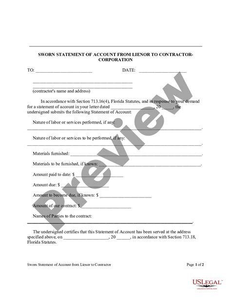 Florida Sworn Statement of Account by Contractor Legal Forms and
