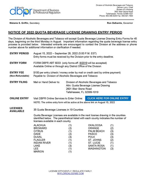 Florida liquor license lottery results 2023. Aug 2, 2021 · For additional information regarding the 2021 quota beverage license drawing entry period, contact the Division by phone at (850)488-8284 or in writing at Division of Alcoholic Beverages and Tobacco, Attn: Quota Beverage License Drawing, 2601 Blair Stone Road, Tallahassee, FL 32399-1019. Former alcohol regulator Tony Glover on Florida's liquor ... 