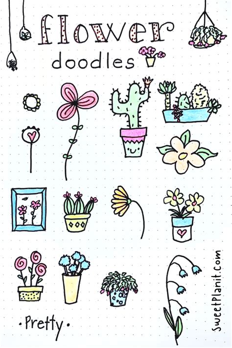 Flower doodling ideas. Doodling is so much fun! It's a great way to relieve stress, clear your mind, gain focus, and of course..a way to decorate your bullet journal or planner. You don't have to be an artist! You can draw all of these cute doodles. There's ice cream, flowers, cute cats, bullet journal icons, mountains, plants, crystals, weather, and so much more! 