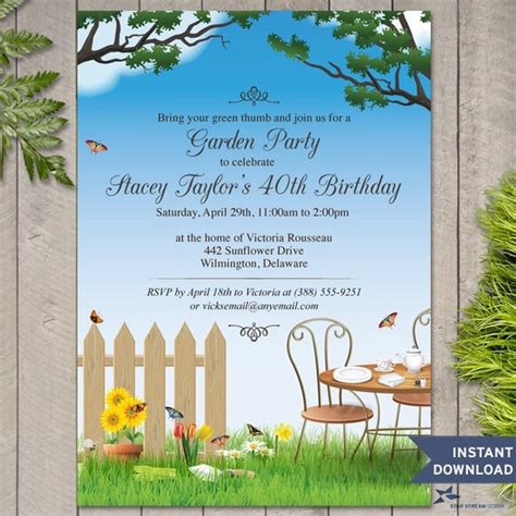 Flowering Garden Tea Party Printable Invitation Template Etsy