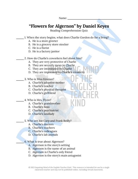 Flowers For Algernon Short Story Test Teaching …