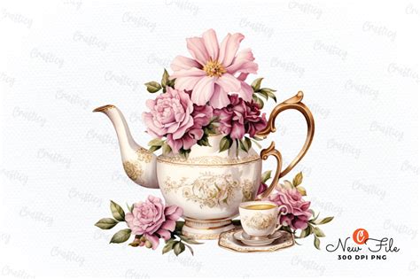 Flowers Tea Cup and Pot Clipart - Creative Fabrica