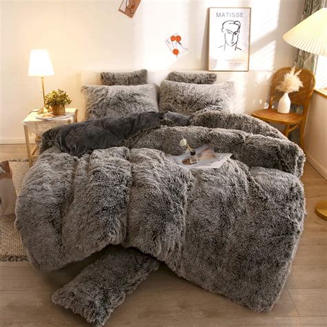 Fluffy Shaggy Duvet Cover Queen 3 Pieces, Plush Faux Fur and