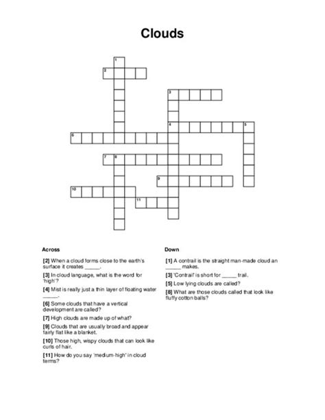 Apr 22, 2024 · Crossword Clue. Here is the answer for the crossword clue Fluffy shapes in the sky (6) featured on April 22, 2024. We have found 40 possible answers for this clue in our database. Among them, one solution stands out with a 95% match which has a length of 6 letters. We think the likely answer to this clue is CLOUDS. . 
