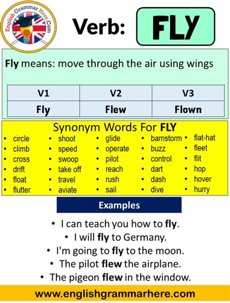 Fly past tense. Nov 18, 2020 · When we talk about a past event, that is, Past Simple tense, we use the verb ‘fly’ with V2. The V2 form of the verb ’fly’ is ‘ flew ‘. The verb ‘fly’ becomes V2 if Past Tense is mentioned in the sentence. Because it is one of the regular verbs, it gets the suffix ‘-ed’ at the end of the word in V2. Each subject has the same use. 