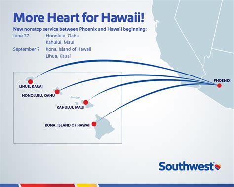 Also beginning June 27, Southwest will offer daily nonstop service to Kahului, Maui. Then, in September, Southwest will launch two additional routes to Hawaii. Phoenix to Lihue, Kauai will operate three times a week on Tuesdays, Thursdays and Saturdays while Phoenix to Kona will operate four times a week on Mondays, …. 