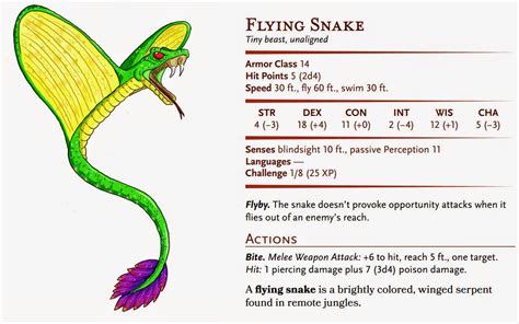 Learn everything you need to know about the flying snake, a small, winged reptile that glides through the air and bites with venomous fangs. Discover its description, combat tactics, habitat, ... DND 5e MONSTERS LIST. Letter A – D&D creature list with letter A. AARAKOCRA – 5e stats; AARAKOCRA SHAMAN – 5e stats; AASIMAR, FALLEN; …. 