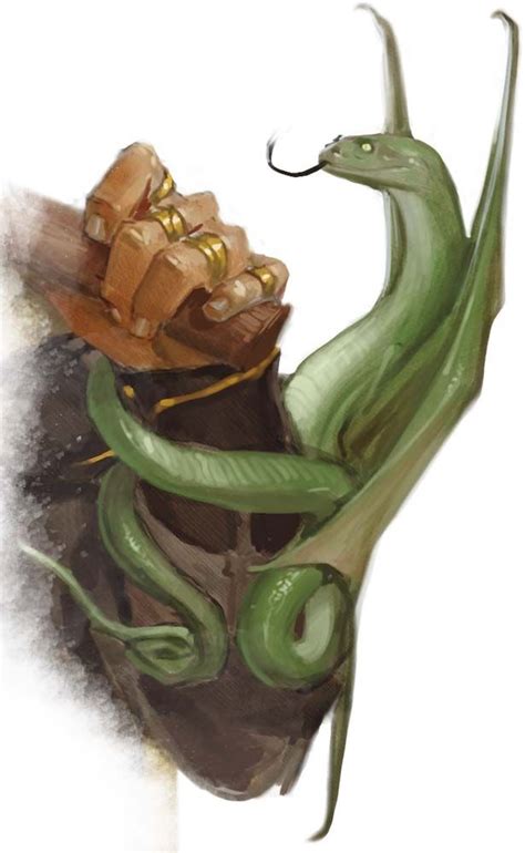 Flying snakes 5e. Challenge 1/8 (25 XP) Flyby. The snake doesn't provoke opportunity attacks when it flies out of an enemy's reach. Actions. Bite. Melee Weapon Attack: +6 to hit, reach 5 ft., one target. Hit: 1 piercing damage plus 7 (3d4) poison damage. Here Be Taverns creates simple random generators for busy Game Masters. Try our monster generator for free! 