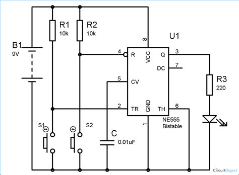 Fm transmitter circuit using ic 555.  The 555 IC is working as a bistable multiv...