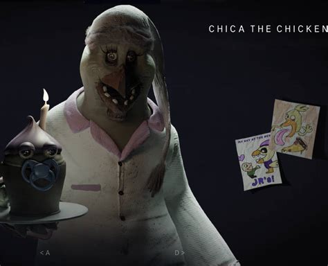 Rockstar Chica is an animatronic chicken, resembling the designs of the original Chica and Withered Chica from the second game. She is yellow in color like her other counterparts, with pinkish-magenta eyes and blue cheeks, eyelids and kneecaps. Rockstar Chica also appears to have lipstick on her orange-colored beak, and her bib's text reads ...