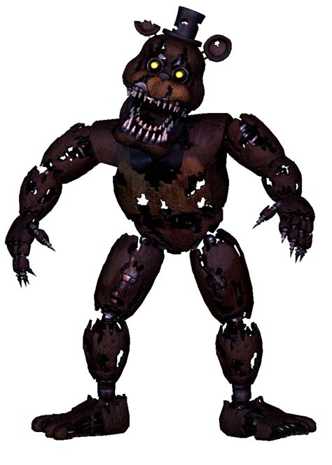  Evil. Nightmare (also known as Nightmare Shadow Freddy or Nightmare Shadow Fredbear) is a black animatronic in Five Nights at Freddy's 4. He is a nightmarish incarnation of Shadow Freddy. He has ears and what appears to be a golden hat with a purple stripe, this is likely a reference to Fredbear. He also has a yellow bowtie. . 