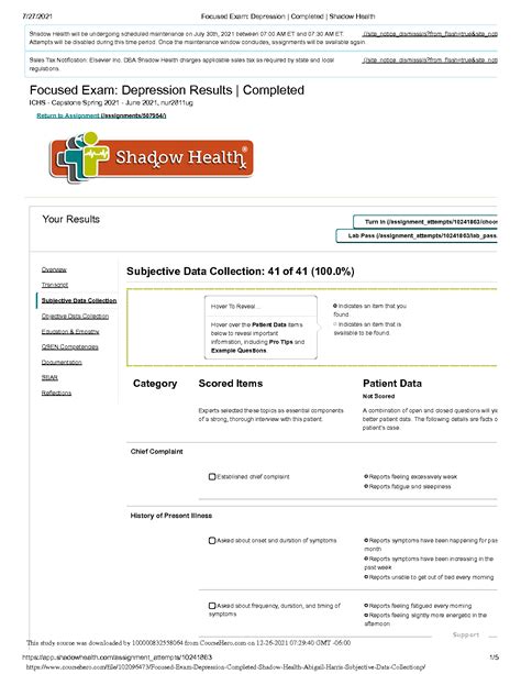 View Test prep - Focused Exam_ Depression _ Completed _ Shadow Health2.pdf from NURSING 3106 at Florida Southern College. Education & Empathy : 4 of 4 (100.0%) During the patient interview, there are ... Focused Exam_ Depression _ Completed _ Shadow Health - Abigail Harris - Reflections -(1).pdf. Concordia University Irvine. HCM 312. CARE PLAN .... 