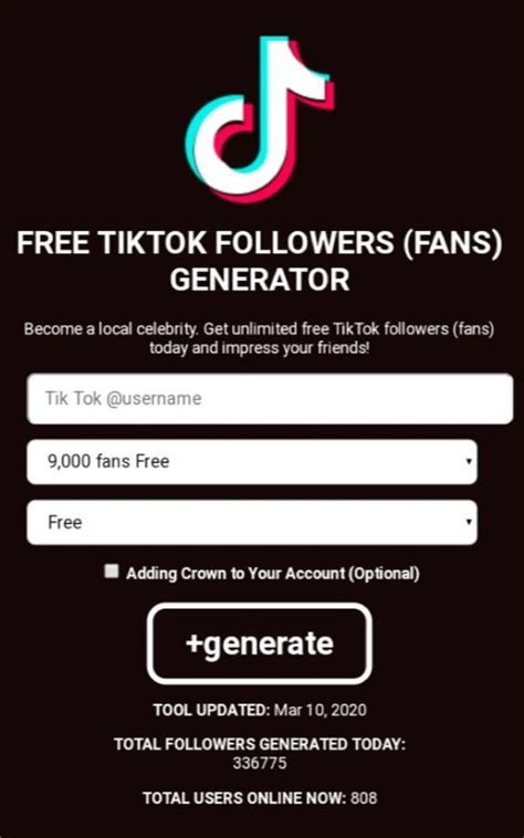 Even some Tiktok agencies provide required followers and like with certainly paid packages. There are several benefits to using a free TikTok followers generator. Here are a few of the most common benefits. It’s an easy and fast way to grow your following on TikTok. It helps you reach a wider audience and attract new fans and followers. It .... 