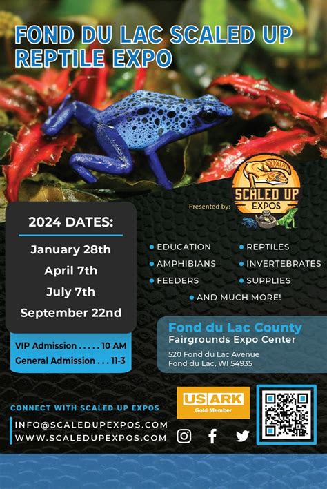 Fond du lac reptile expo. Fond du Lac County Fairgrounds Expo Center 520 Fond du Lac Avenue Fond du Lac, WI 54935 Admission: VIP Admission 10am: $12 General Admission 11am-3pm: $6 Ages 5 and Under: FREE *Tickets are available both at the door and in advance via our Eventbrite page.* 