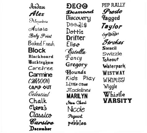 Fonts names. List of fonts for your creative project (scroll or view PDF) On this page: fonts (screenshots) fonts (text list) dingbats (dingbats, wingdings, webdings & bullets) I've found that everytime I need to start a design project, it helps to have a list of fonts in front of me so I don't have to try various ones (very time-consuming!). 