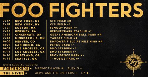 Foo fighters presale code 2024. FOO FIGHTERS. U.S. STADIUM DATES 2024. Wednesday, July 17 — New York NY — Citi Field * Friday, July 19 – New York NY — Citi Field # Sunday, July 21 – … 