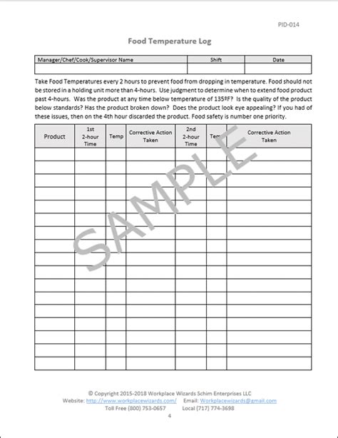 Food Temperature Log Workplace Wizards Consulting