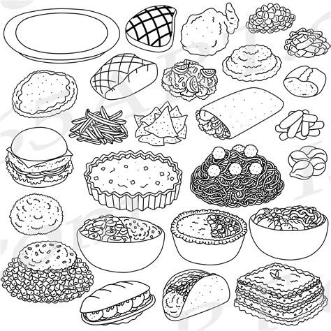 Food clip art black and white. Foods And Cooking Background With Copy Space, Placed On Black. Cooking themed background frame with room for text. Drawn in CMYK in flat colors or with a few simple gradients, no transparency effects. Background is on its own layer for easier editing. You can release the elements form the clipping mask to move them around. 